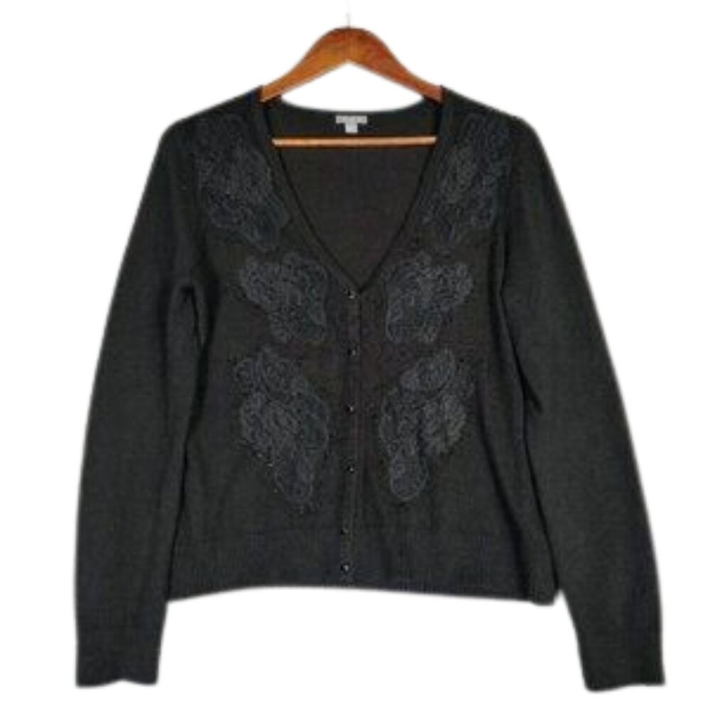 Ann Taylor Cardigan Women's Large Black Embellished Angora Blend Vintage Classic
